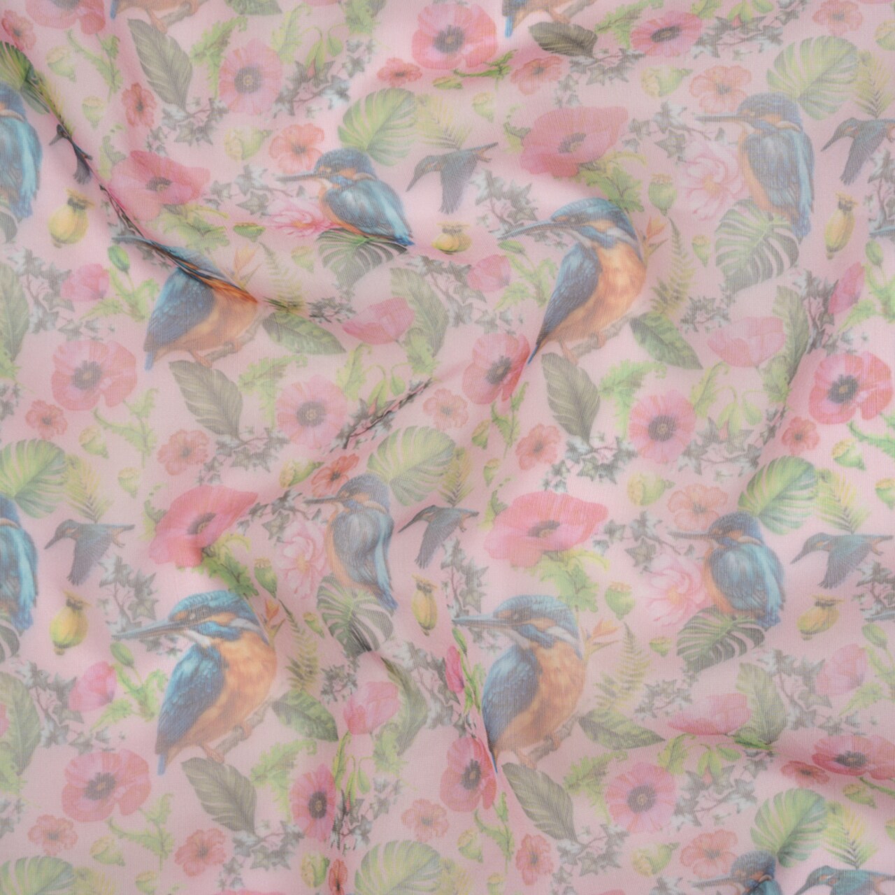 1 Yard Pink Blue Green Tropical Leaves Birds Polyester Viscose Organza Fabric 44 inch Width